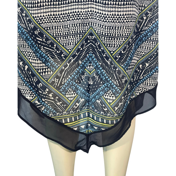 AGB Sz 10 Midi A-Line Tank Dress Blue Scarf Print Handkerchief Hem Sheer Lined - Picture 8 of 10